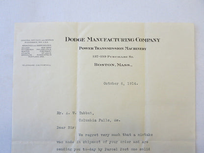 1914 Dodge Manufacturing Power Transmission Machinery Letter Document Letterhead