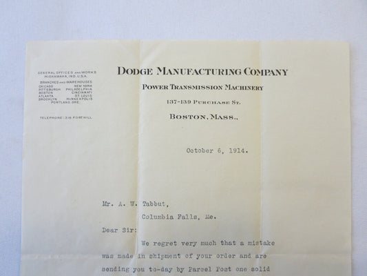 1914 Dodge Manufacturing Power Transmission Machinery Letter Document Letterhead