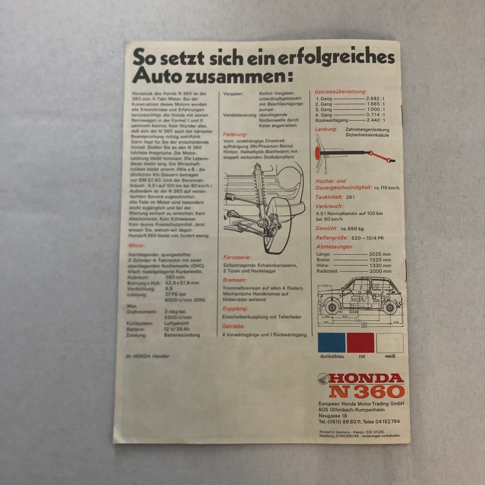 Honda N360 Car Sales Brochure Catalog GERMAN Text European Vintage Honda N 360