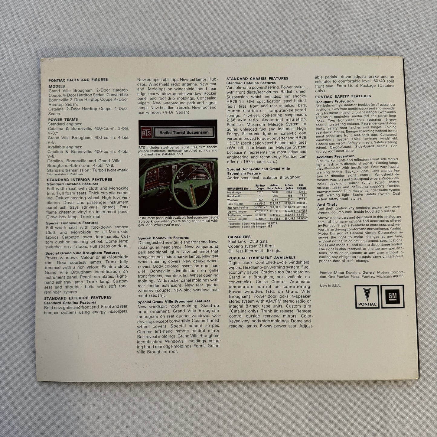 1975 Pontiac Grand Ville Brougham Catalina Bonneville Car Sales Brochure Catalog