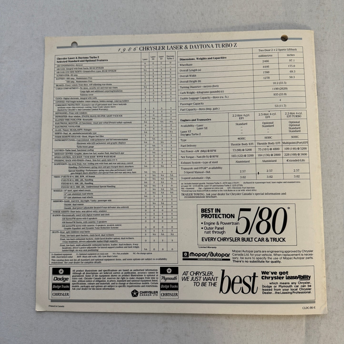 1986 Chrysler Laser and Daytona Sales Brochure Catalog Laser XE XT Turbo Z