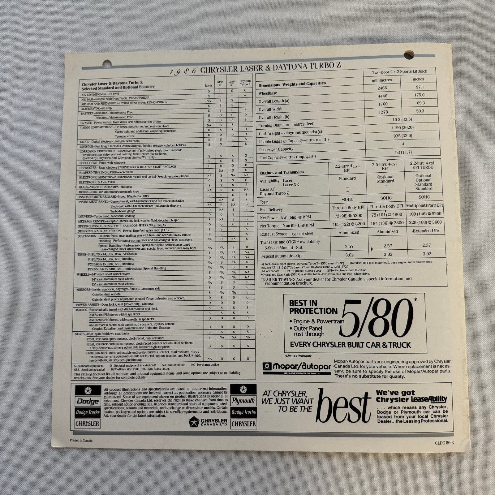 1986 Chrysler Laser and Daytona Sales Brochure Catalog Laser XE XT Turbo Z