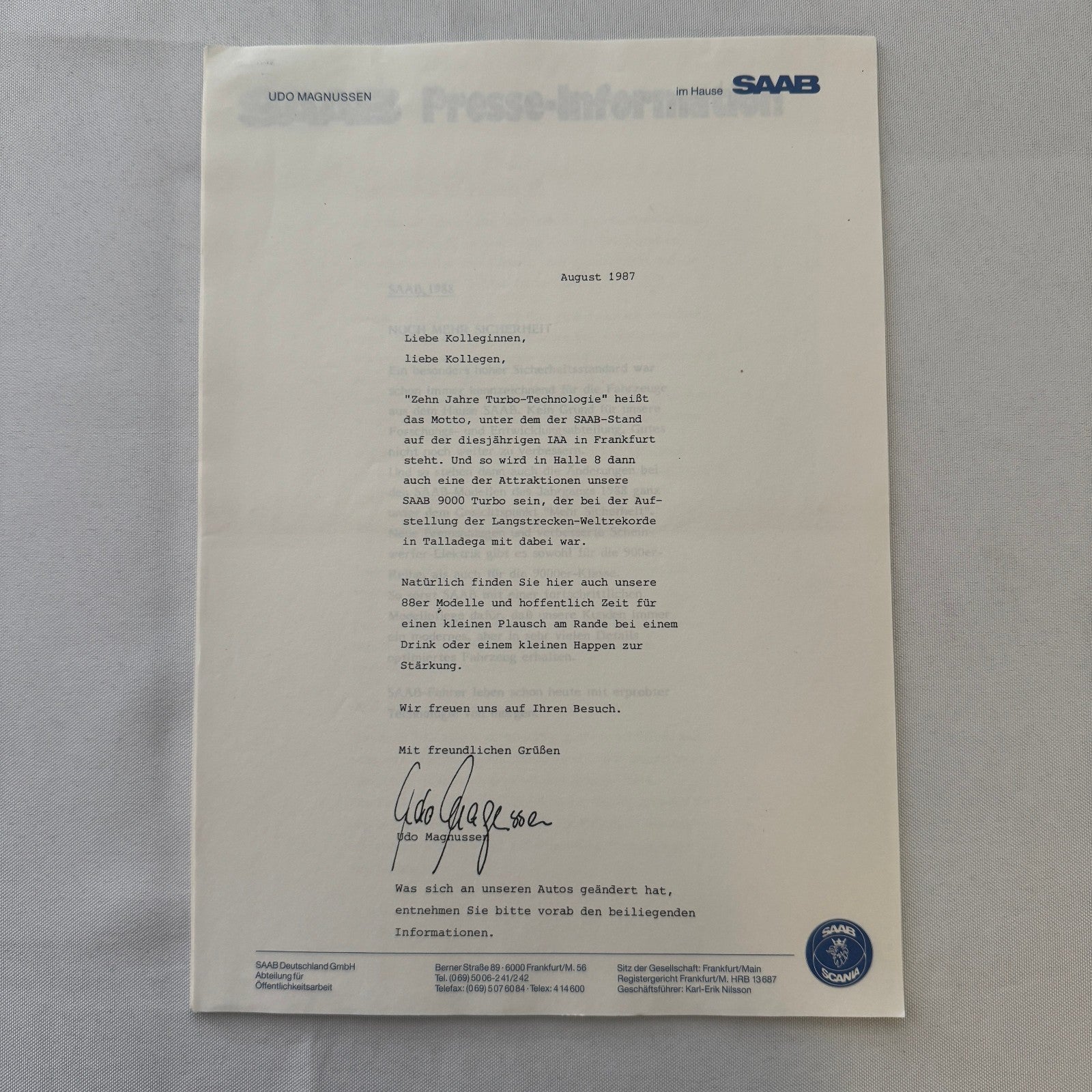 1988 Saab Press Kit Brochure Photos Saab 900 Turbo Cabriolet Convertible GERMAN