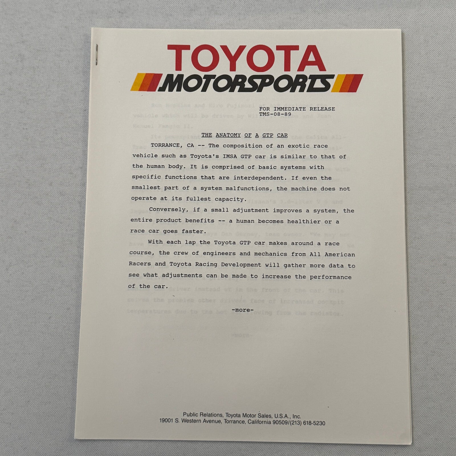 1989 Toyota Motorsport Racing Press Kit Dan Gurney Willy T Ribbs Fangio II