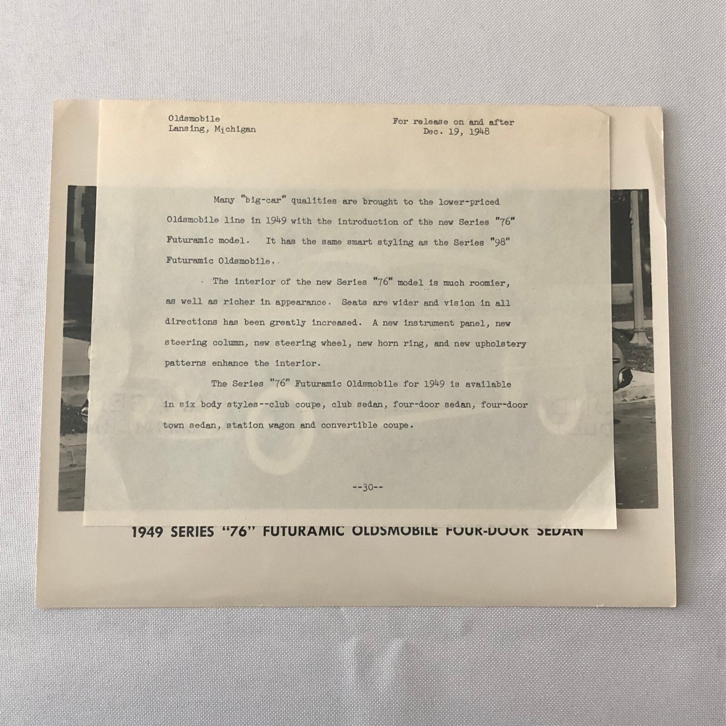 1949 Oldsmobile Series 76 Futuramic Sedan Factory Press Photo Photograph