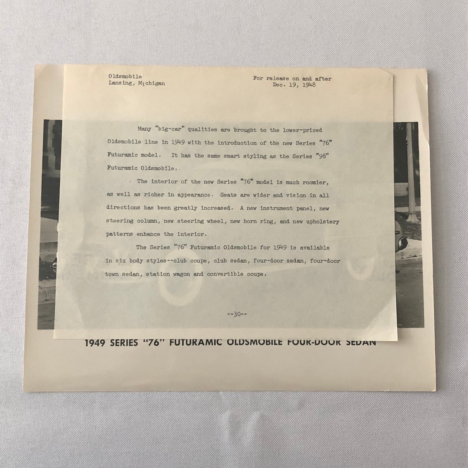 1949 Oldsmobile Series 76 Futuramic Sedan Factory Press Photo Photograph