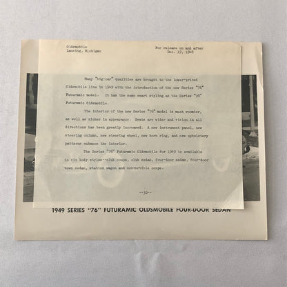 1949 Oldsmobile Series 76 Futuramic Sedan Factory Press Photo Photograph
