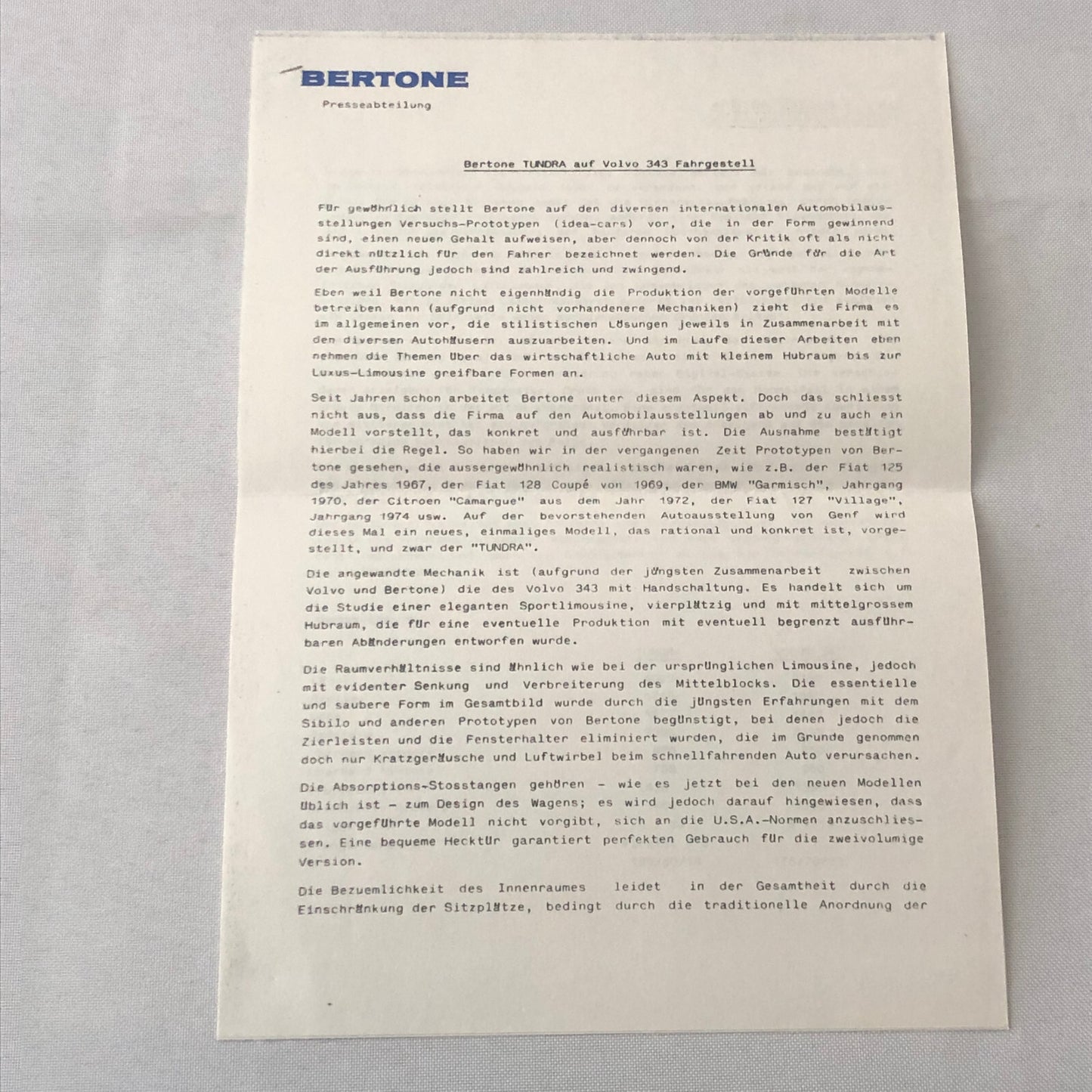 1979 Bertone Tundra Volvo 343 Concept Car Prototype Press Kit Photos