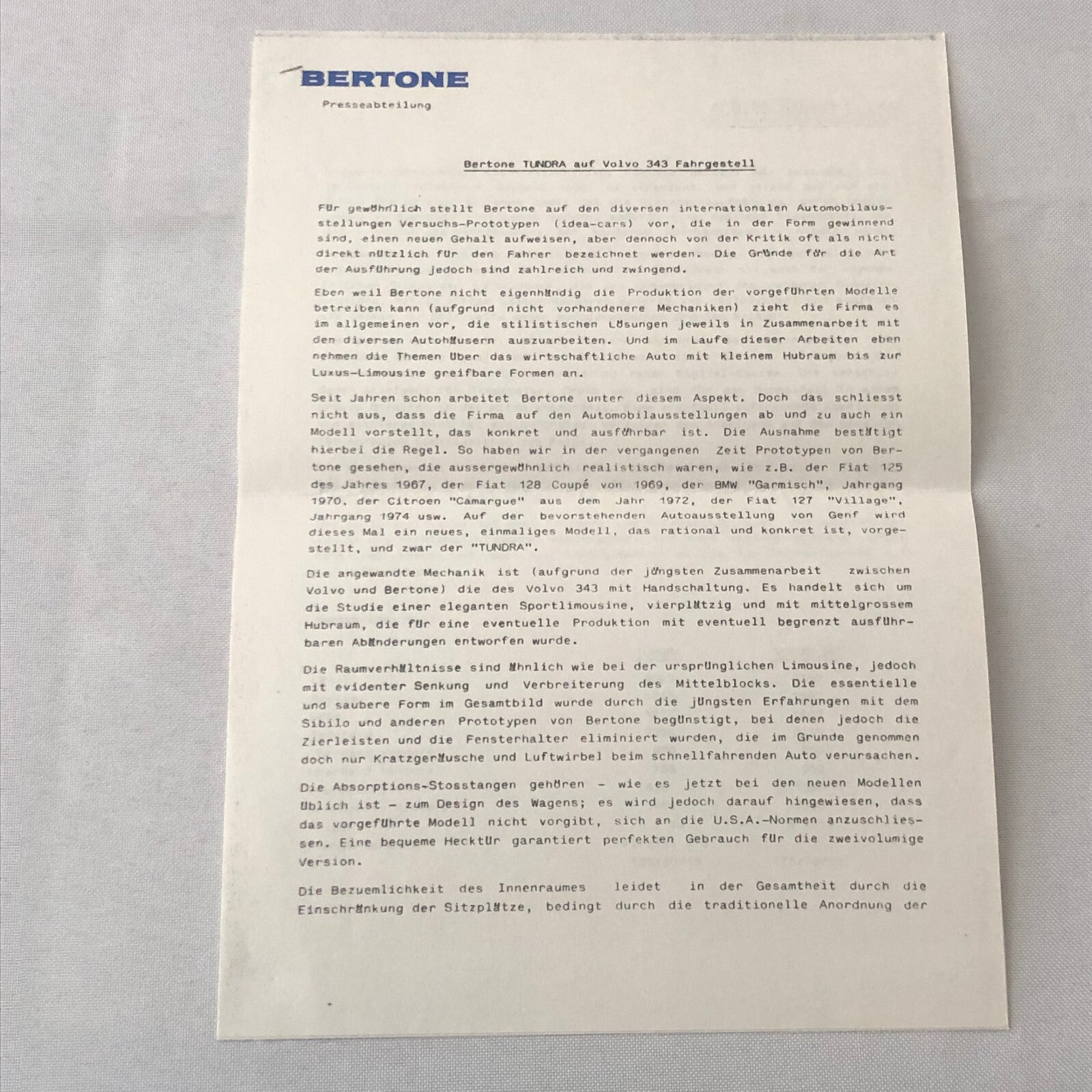 1979 Bertone Tundra Volvo 343 Concept Car Prototype Press Kit Photos