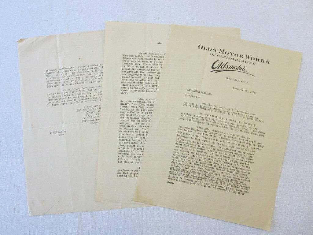 1919 Olds Motor Works of Canada Oldsmobile Factory Dealer Bulletin Letter 3 Page