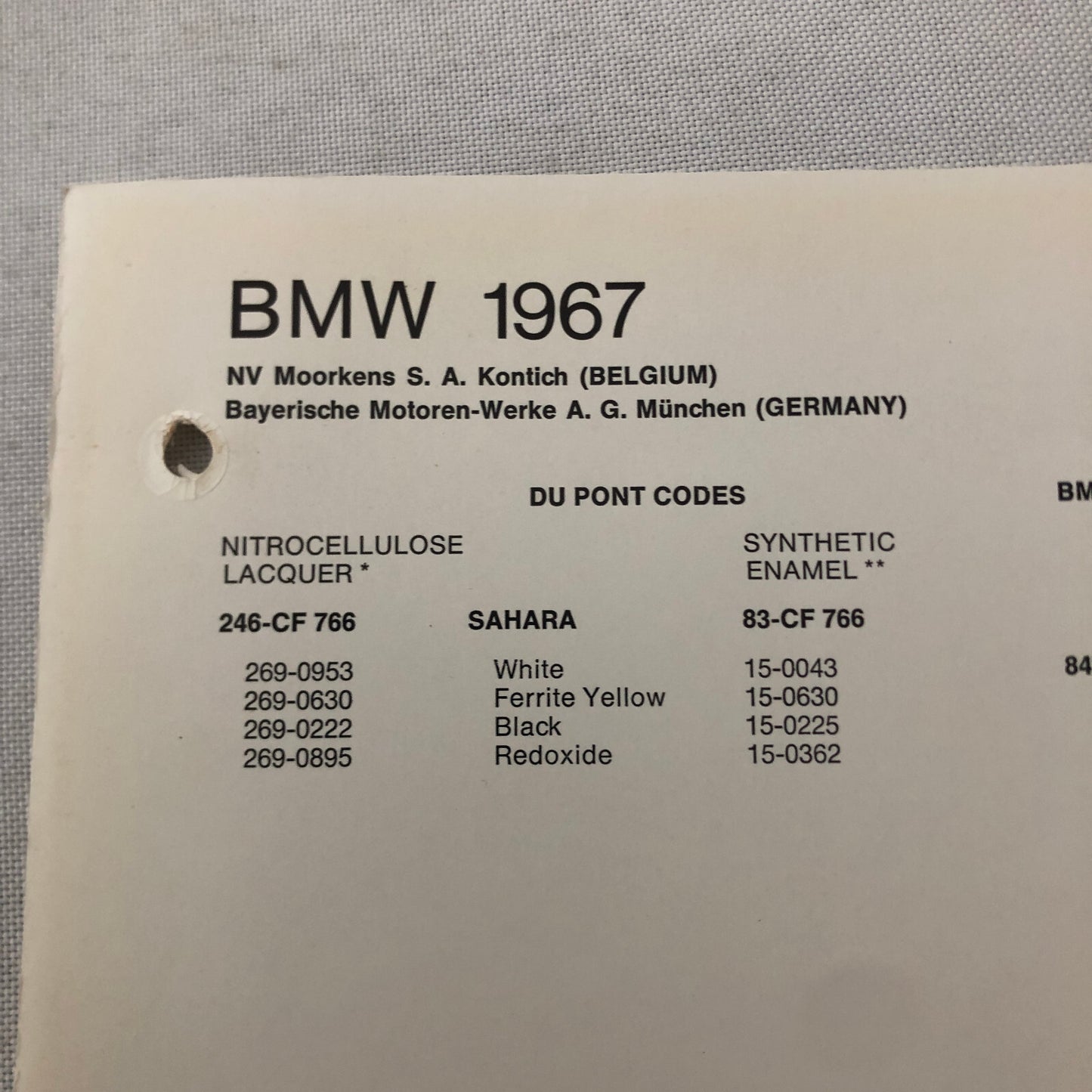 1967 BMW Car Dupont Paint Chip Color Sample Sheet SAHARA