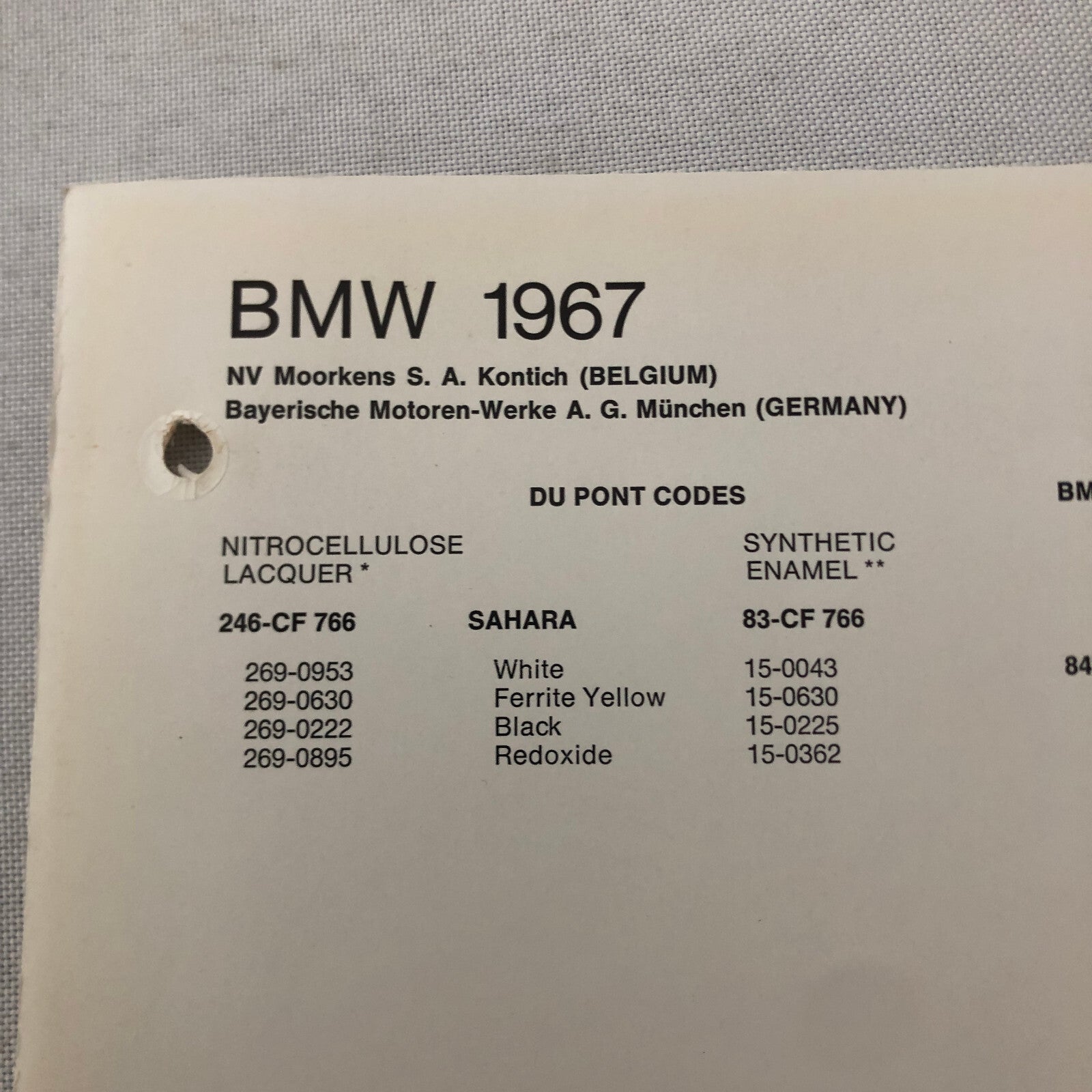 1967 BMW Car Dupont Paint Chip Color Sample Sheet SAHARA