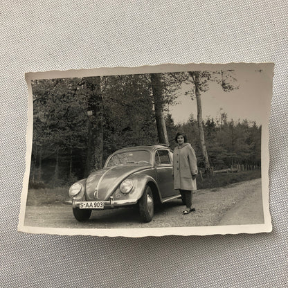 Vintage Photo Photograph Snapshot Woman with Volkswagen Beetle Bug Car