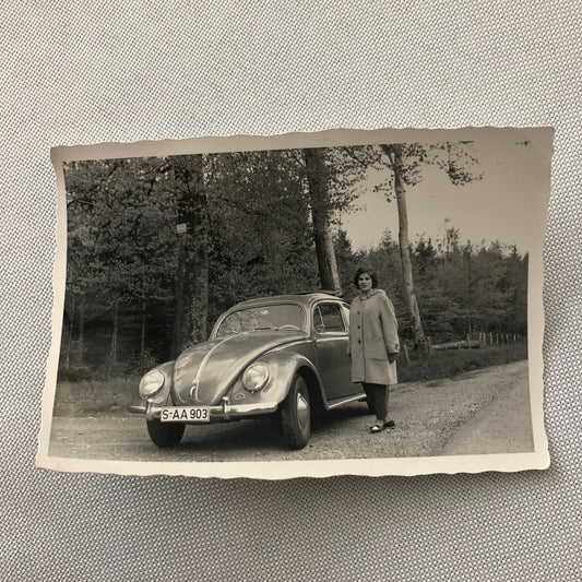 Vintage Photo Photograph Snapshot Woman with Volkswagen Beetle Bug Car