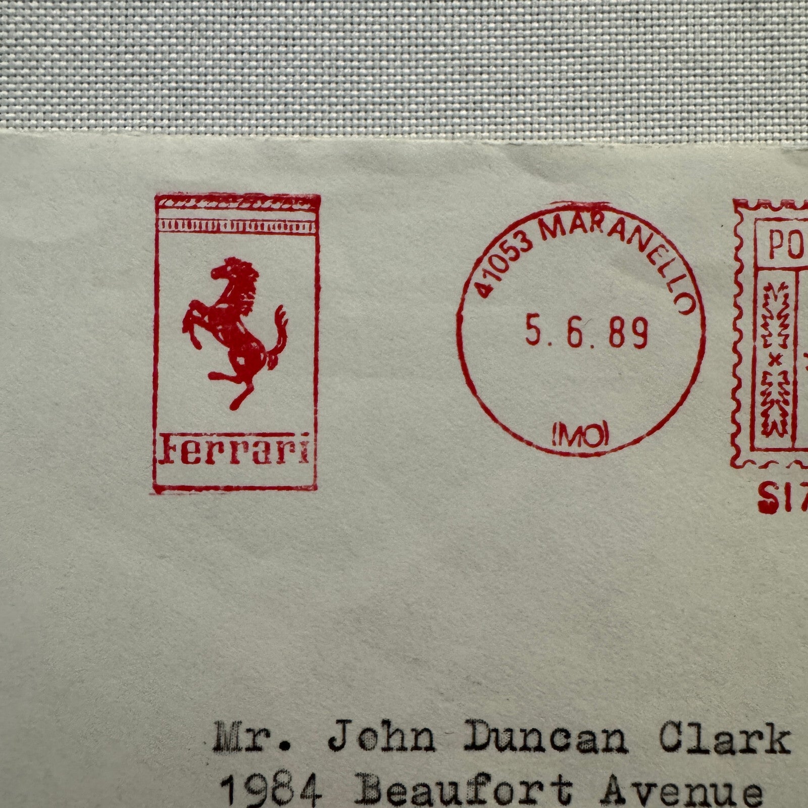 Vintage Ferrari Maranello Envelope Postmark Postage Stamp 1989