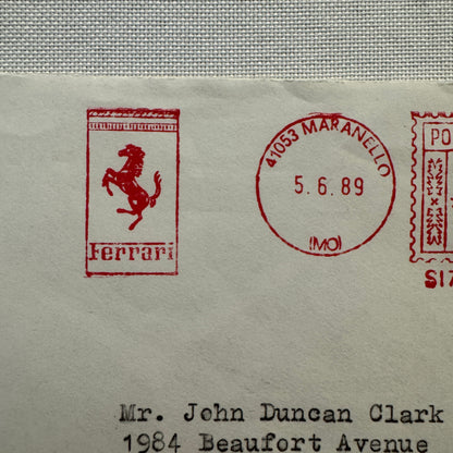 Vintage Ferrari Maranello Envelope Postmark Postage Stamp 1989