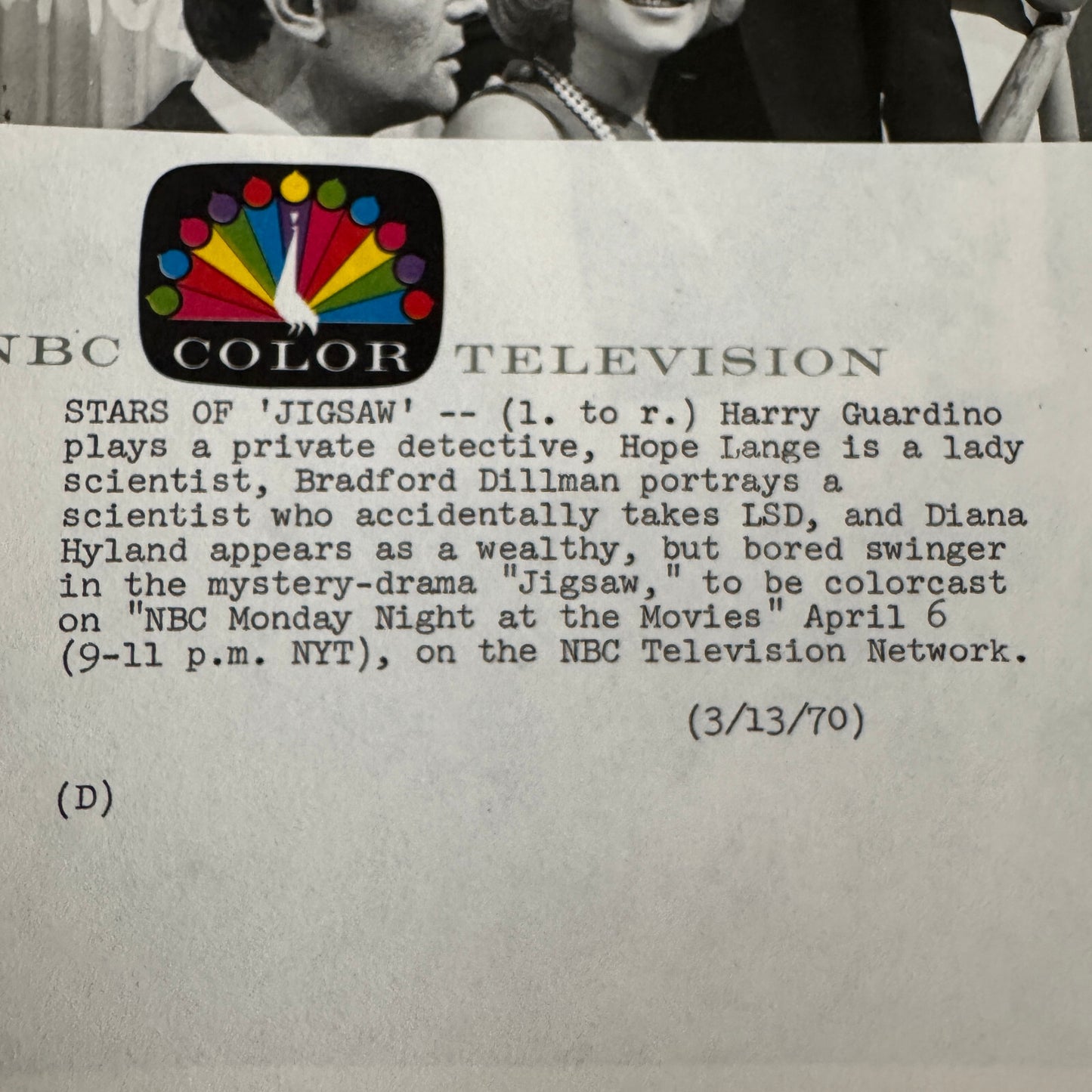 Vintage NBC Television TV Press Photo Photograph Jigsaw 1970 Hope Lange