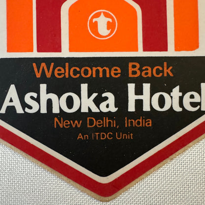 Vintage Hotel Travel Luggage Label New Delhi India Indian Ashoka Hotel