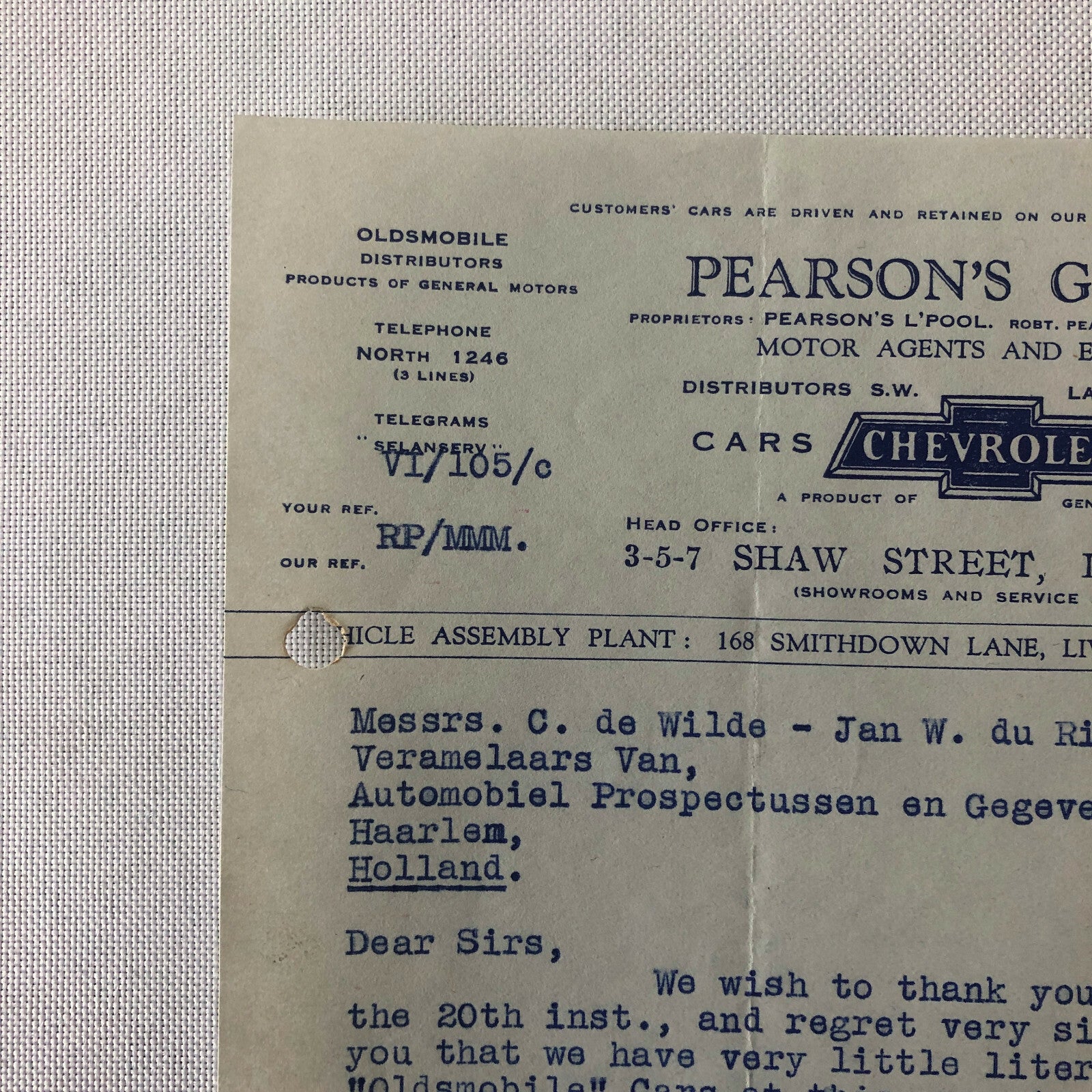 1945 Chevrolet Dealership Letter UK Garage Oldsmobile Car Truck Letterhead
