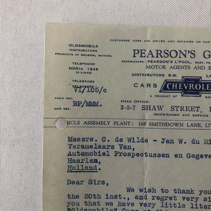 1945 Chevrolet Dealership Letter UK Garage Oldsmobile Car Truck Letterhead