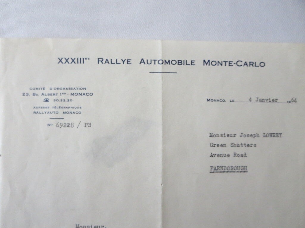 1964 Rallye Automobile Monte Carlo XXXIII Letter Letterhead Press Credentials 