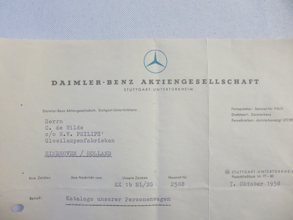 1958 Mercedes Benz Daimler Letter Letterhead Document - German Text 