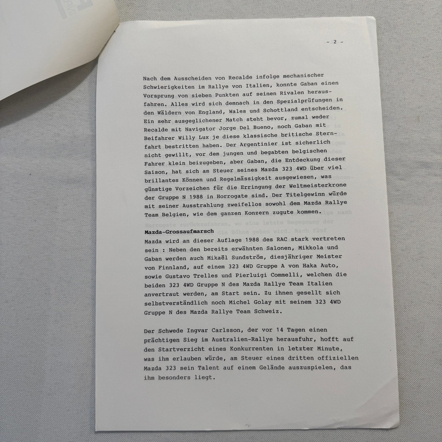 1988 Mazda Rallye Racing Press Release Document Lot 2x Mazda 323 German Text