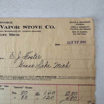 Detroit Vapor Stove Company Receipt Invoice Document 1908 Detroit Michigan