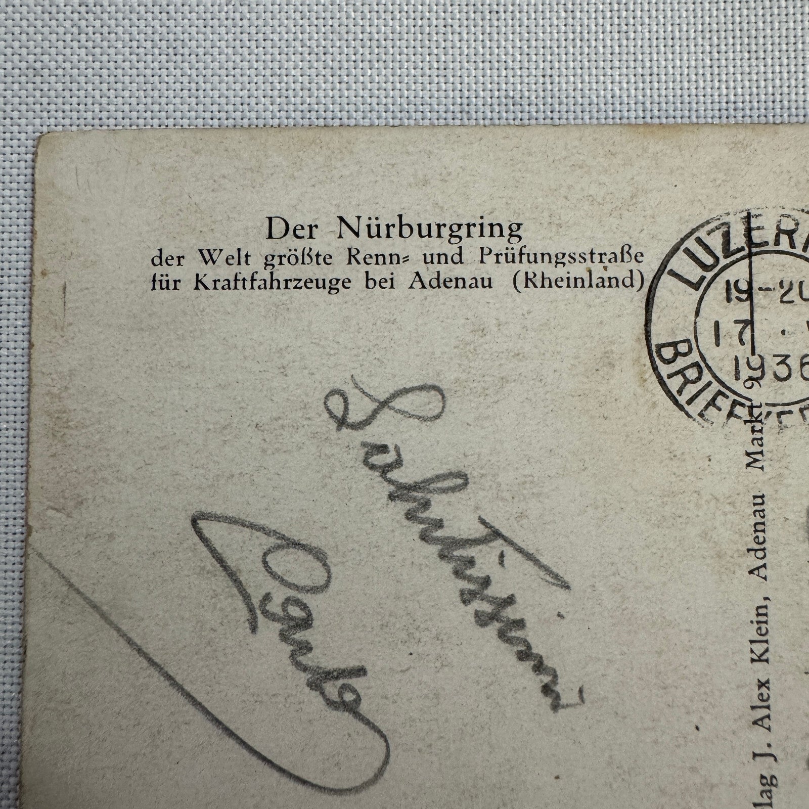 Vintage Nurburgring Racing Postcard Post Card 1936 Postmark Race Track Car