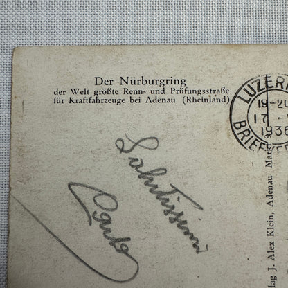 Vintage Nurburgring Racing Postcard Post Card 1936 Postmark Race Track Car