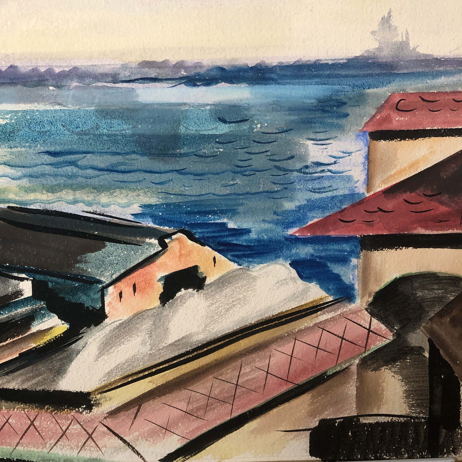 Vintage Painting Art Artwork Artist Arthur E Sudler Water Buildings 1931