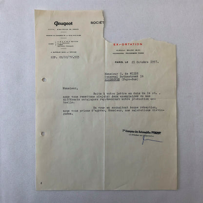 1948 - 1957 Peugeot Car Letter Letterhead Document Lot of 9 - FRENCH