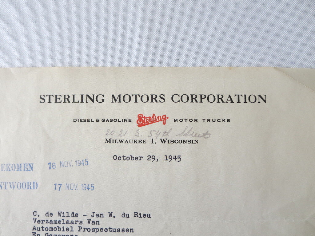 1945 Sterling Motor Truck Corporation Letter Letterhead Document 