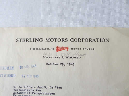 1945 Sterling Motor Truck Corporation Letter Letterhead Document 