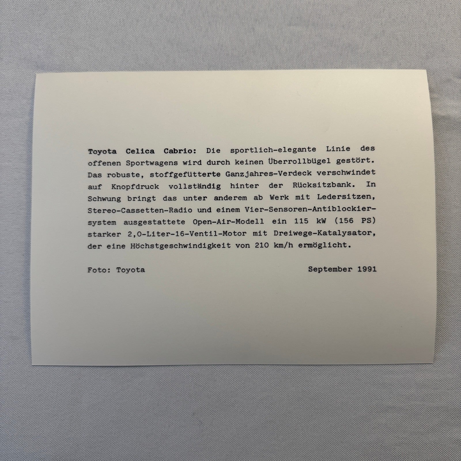 1991 Toyota Celica Convertible Cabrio Factory Press Photo Photograph Print