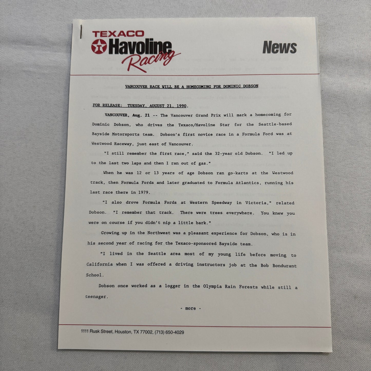 1990 Texaco Racing Team Indy CART Press Kit Brochure Photos Dominic Dobson