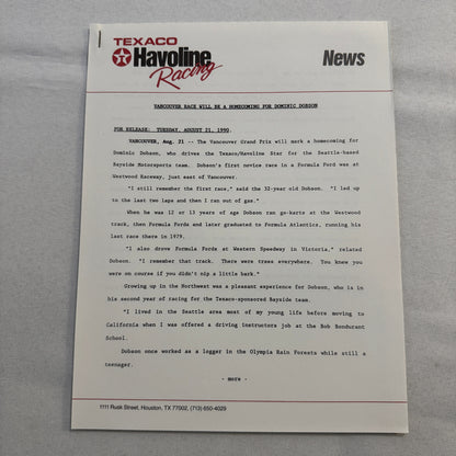 1990 Texaco Racing Team Indy CART Press Kit Brochure Photos Dominic Dobson