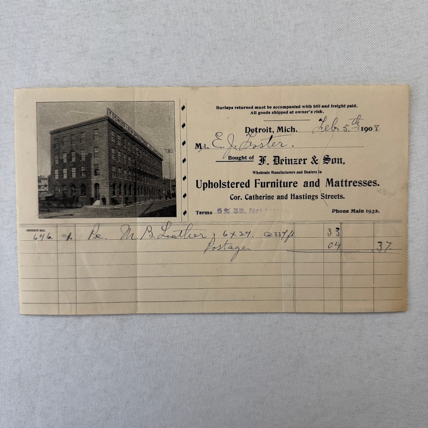 F Deinzer and Son Furniture Mattresses Invoice Receipt Document Lot 4x Detroit
