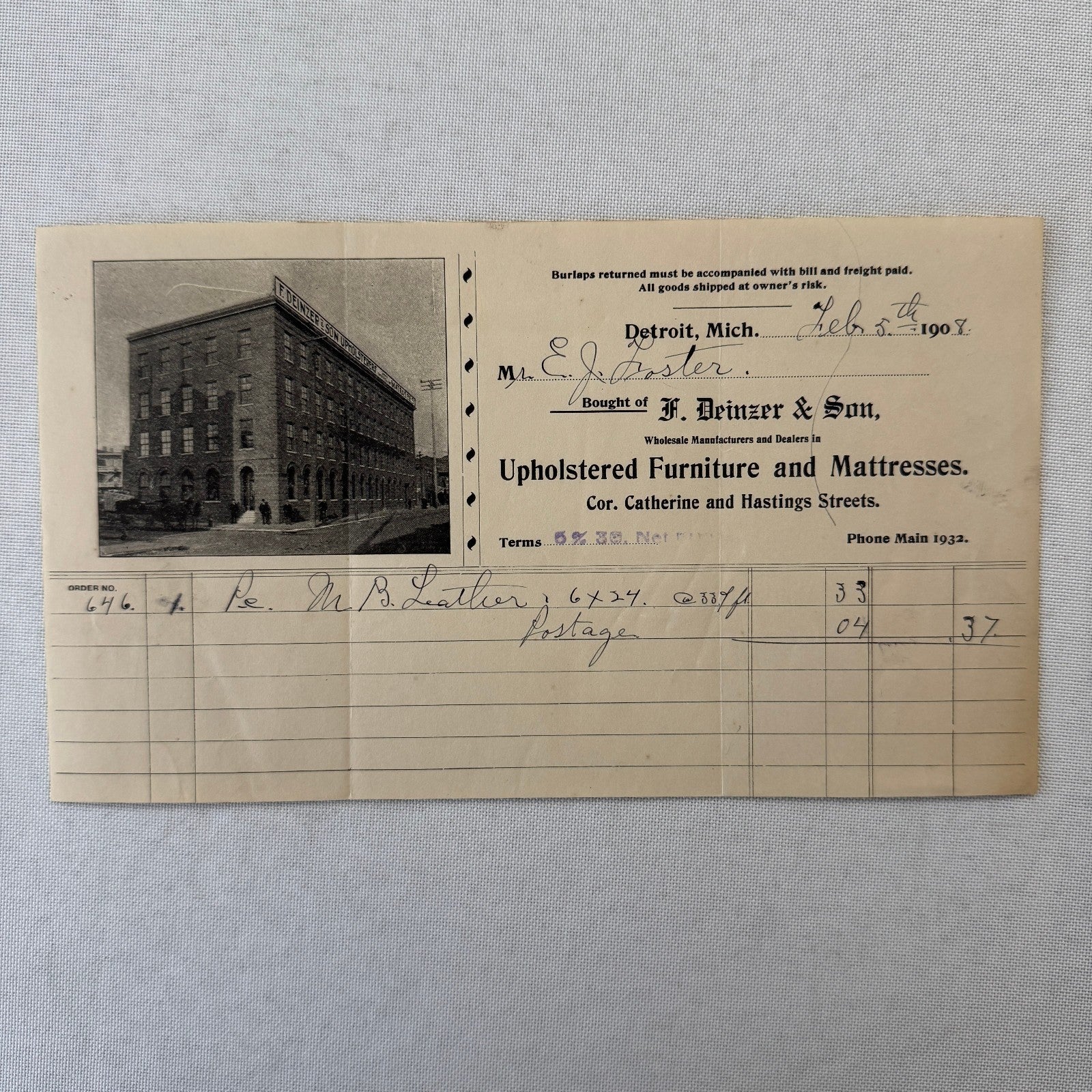 F Deinzer and Son Furniture Mattresses Invoice Receipt Document Lot 4x Detroit