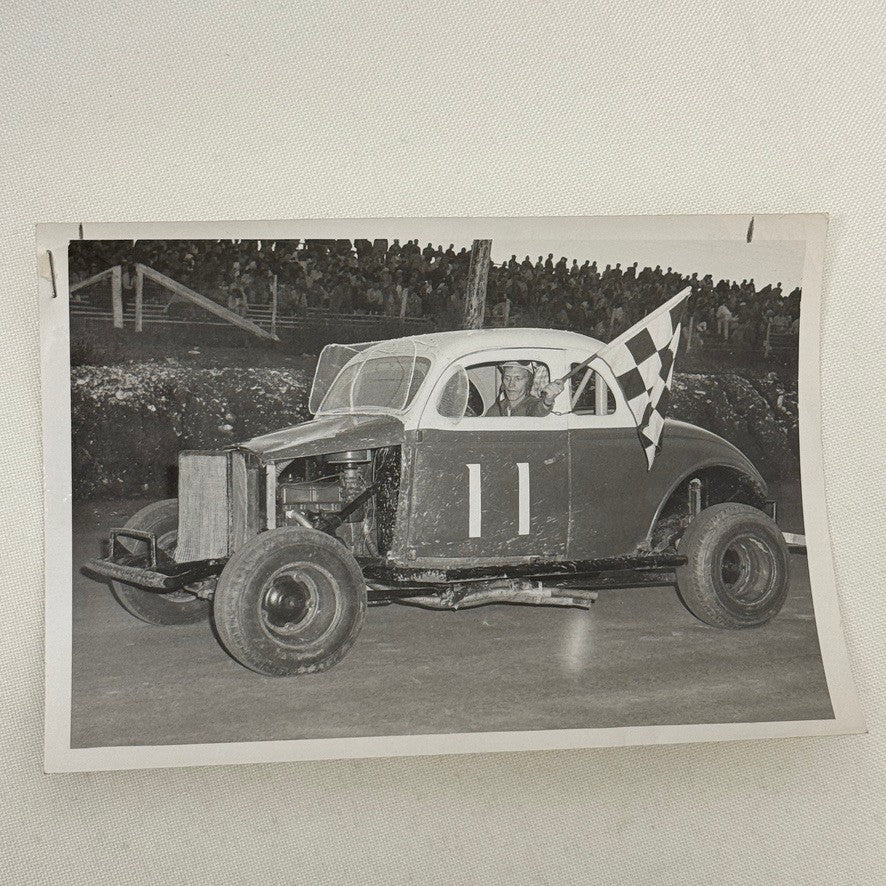 Vintage Racing Photo 1960 Stock Car Race Winner Checkered Flag Binghampton NY