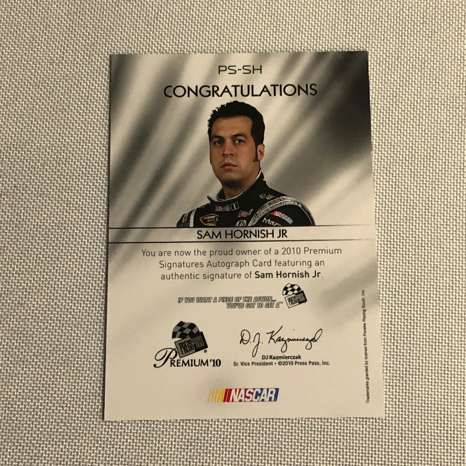 2010 Press Pass Premium Signatures Sam Hornish Jr Auto Autograph Signed Card