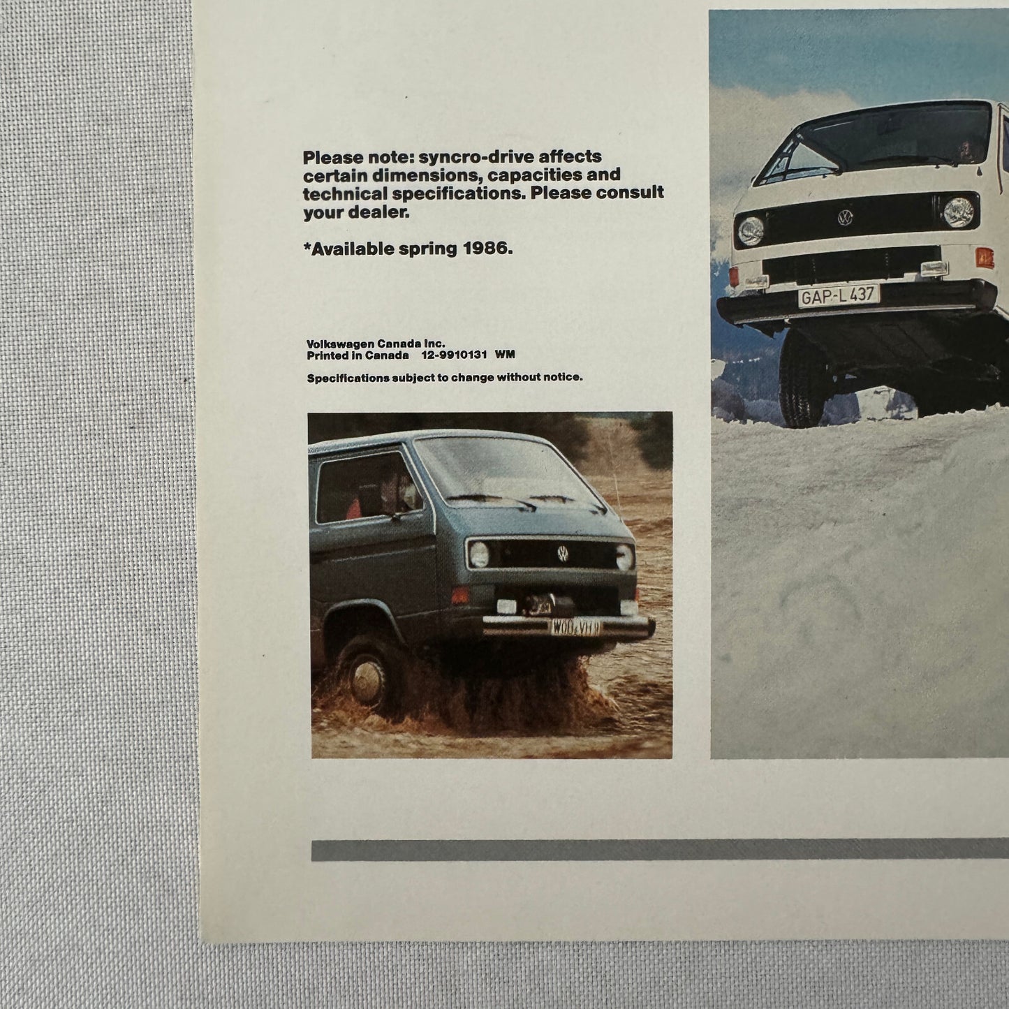 1986 Volkswagen VW Vanagon Van Syncro Drive Sales Sheet Brochure