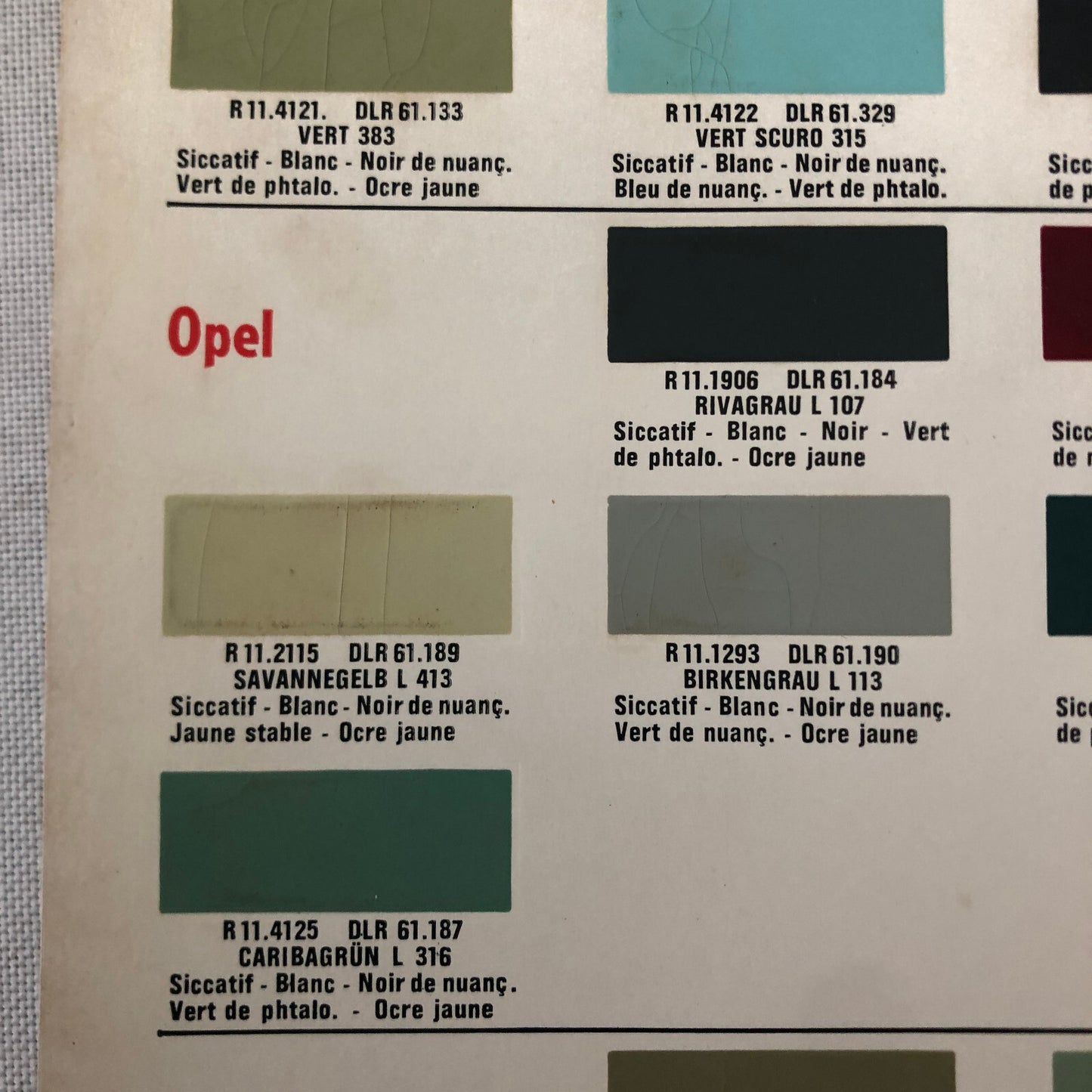 1965 Volkswagen Fiat and Opel Car Paint Chip Color Sample Sheet DUCO