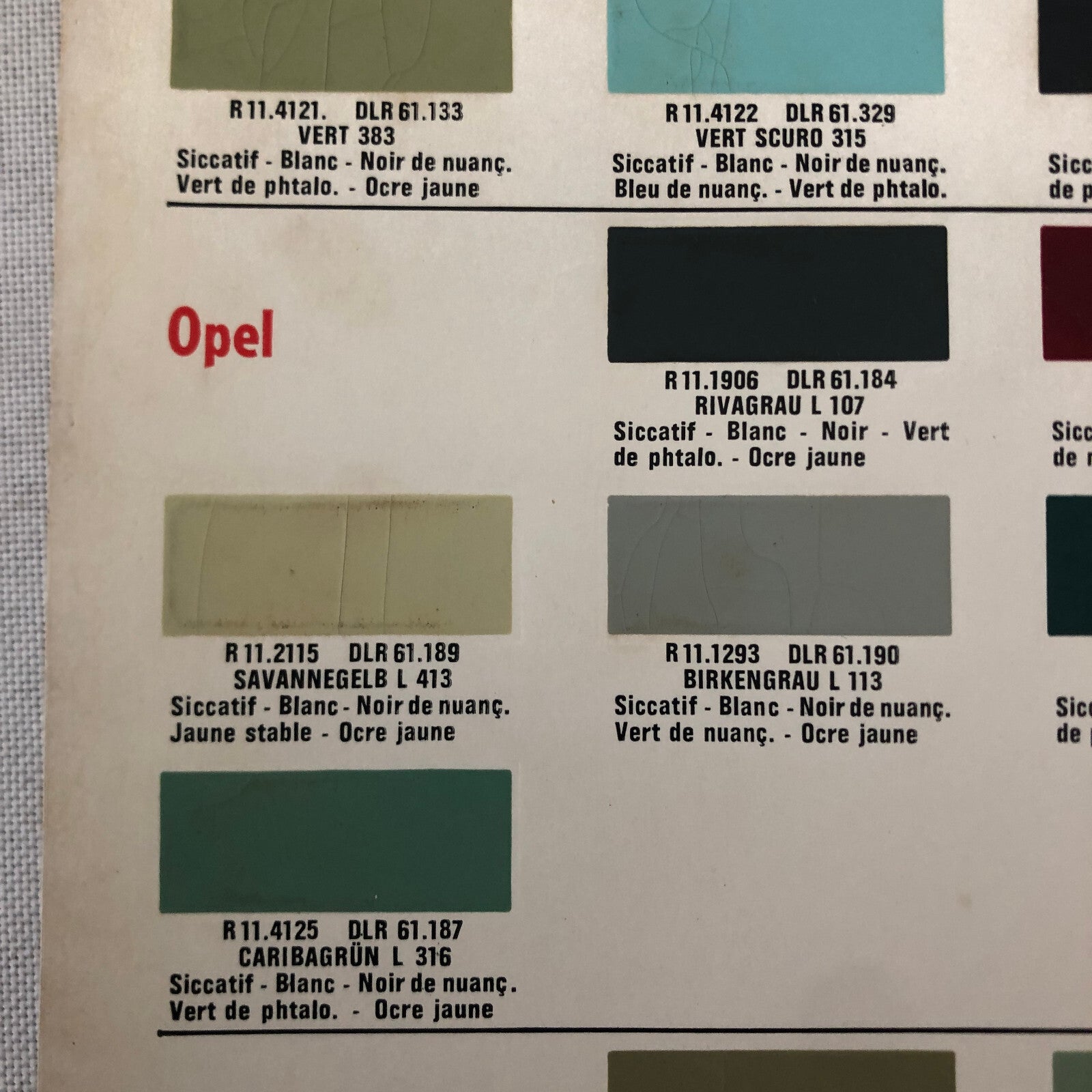 1965 Volkswagen Fiat and Opel Car Paint Chip Color Sample Sheet DUCO