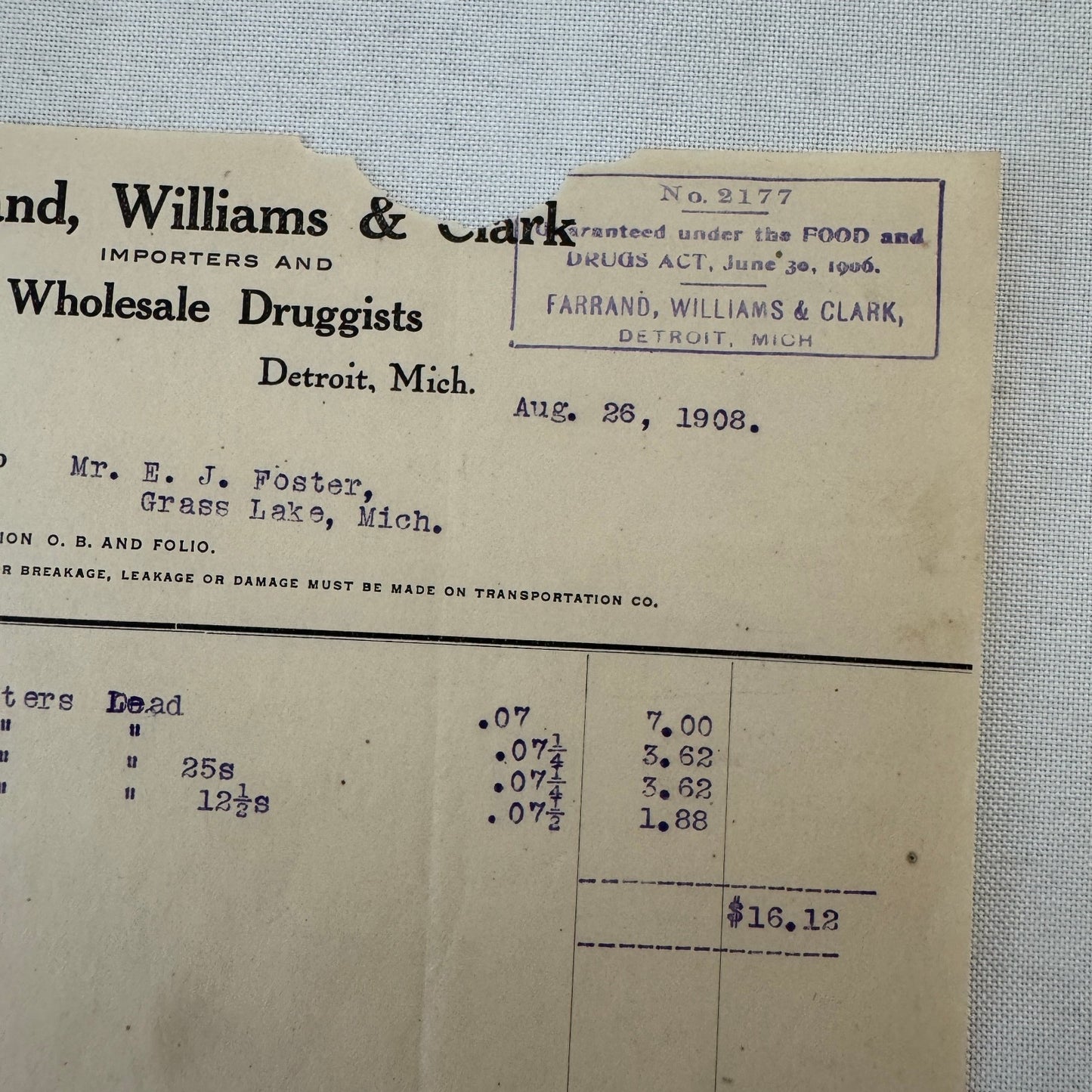 Farrand Williams and Clark Wholesale Druggists Detroit 1908 Invoice Receipt Lot