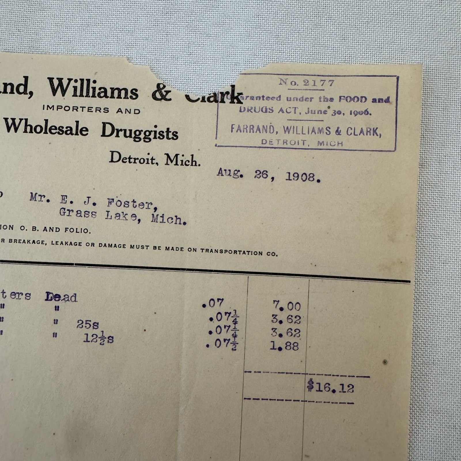Farrand Williams and Clark Wholesale Druggists Detroit 1908 Invoice Receipt Lot