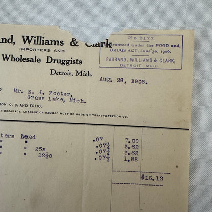 Farrand Williams and Clark Wholesale Druggists Detroit 1908 Invoice Receipt Lot