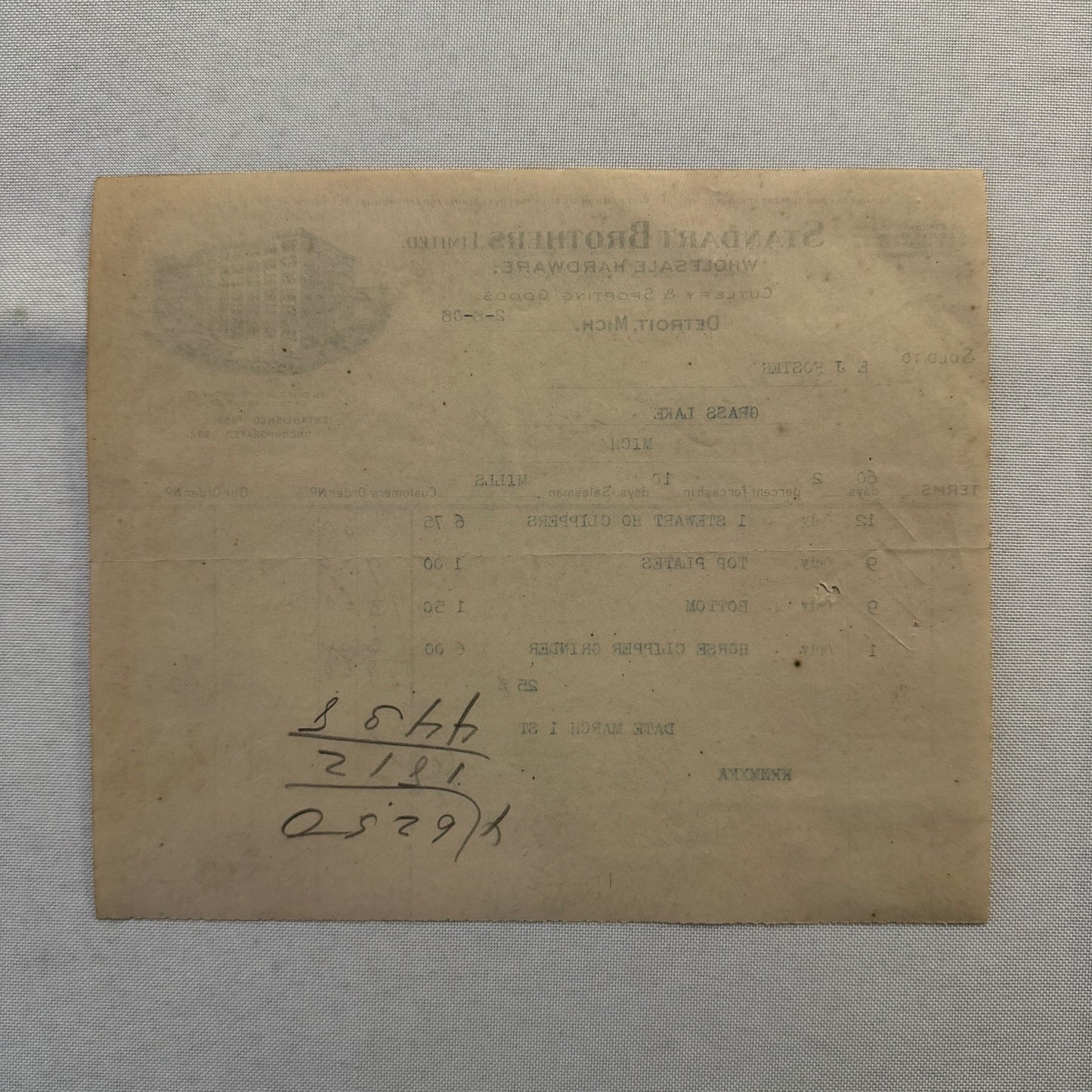 1908 Detroit Michigan Document Invoice Standart Brothers Limited Hardware