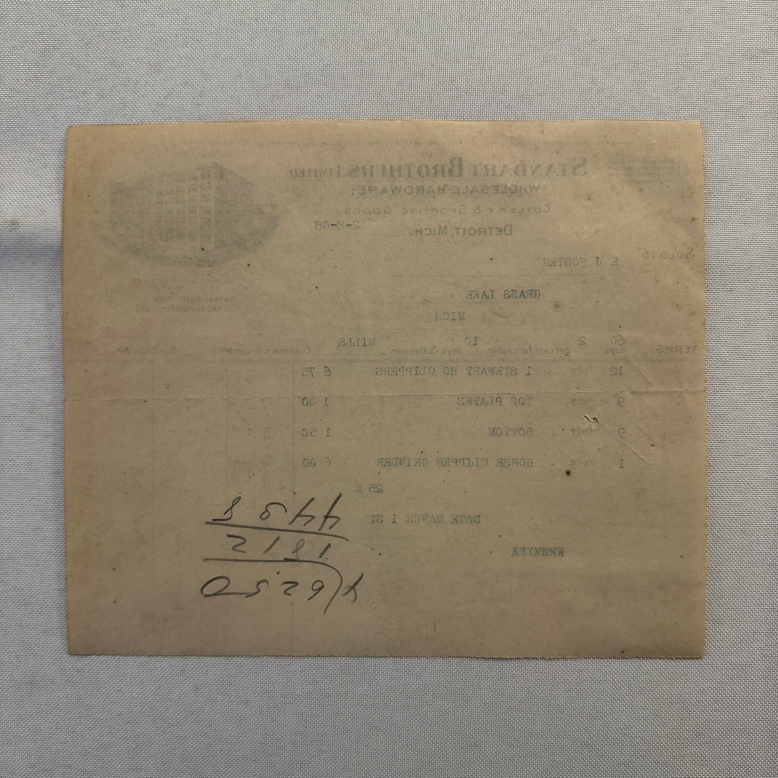 1908 Detroit Michigan Document Invoice Standart Brothers Limited Hardware