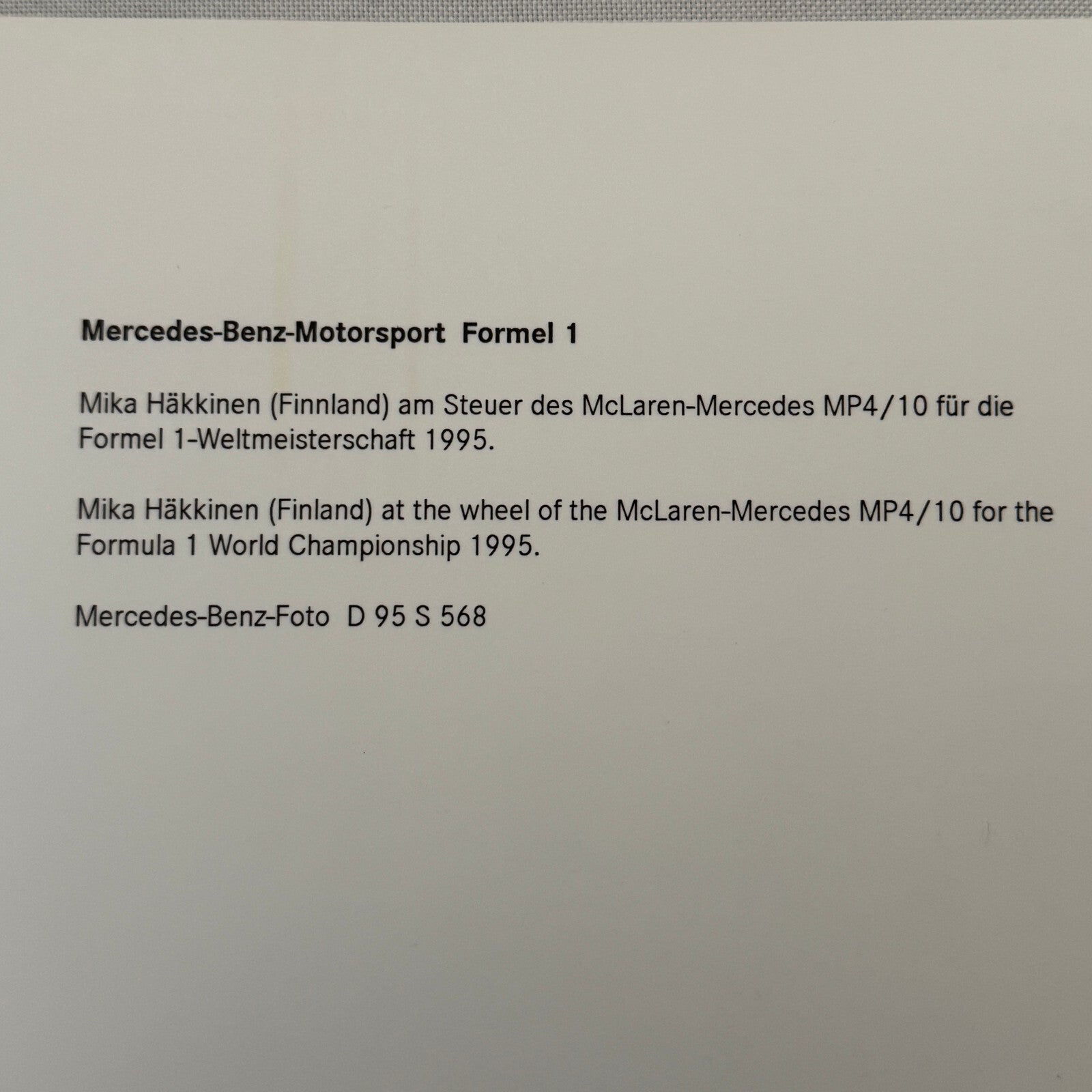 Mika Hakkinen Marlboro McLaren Mercedes Racing Driver Photo Photograph 1995